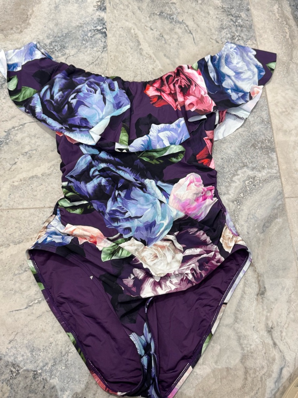 La Blanca Purple Floral Off-Shoulder One-Piece